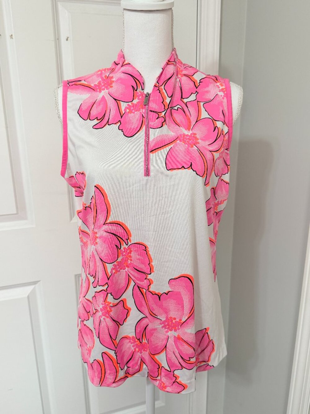 Tail Activewear Sleeveless Golf Polo Top White Pink Floral Print Size L